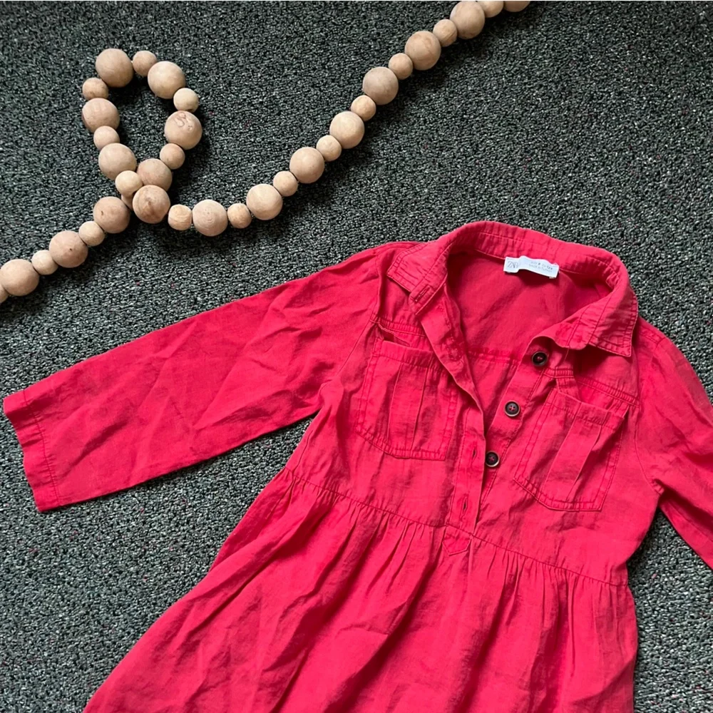 ZARA Red Button Down Babydoll Shirt Ribbwd Casual Midi Long-Sleeve Collar Dress
